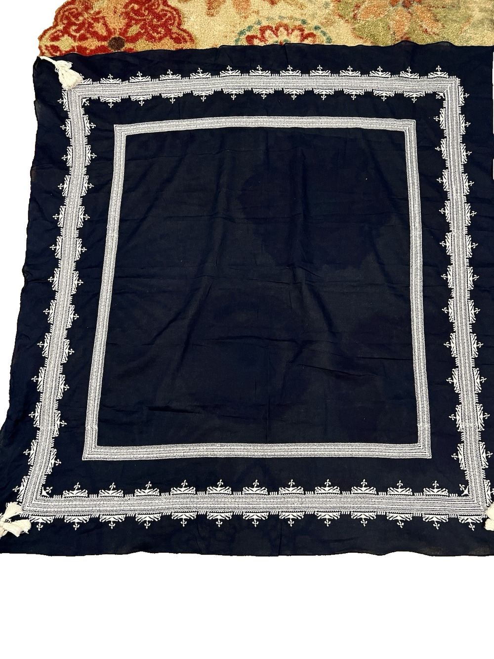 J .Crew Scarf Navy blue Embroidered cotton square Wrap Scarf Fringe Sz 19”x20"